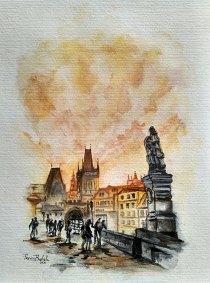 Praha, Karlův most, akvarel, Josef Pepíno Balek