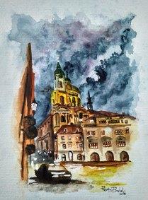 Praha, Malostranské náměstí, akvarel, Josef Pepíno Balek