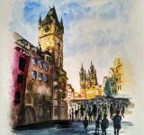 Praha, Staroměstské náměstí, akvarel, Josef Pepíno Balek