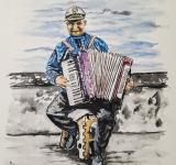 Harmonikář, Primorsko, akvarel, Josef Pepíno Balek