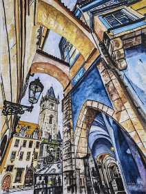 Staroměstské náměstí, akvarel, Praha, Josef Pepíno Balek