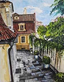 Praha, Zahrady pod Pražským hradem, akvarel,  Josef Pepíno Balek
