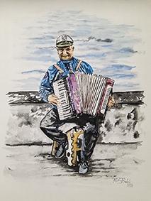 Harmonikář, Primorsko, akvarel, Josef Pepíno Balek
