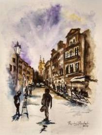 Praha, Mostecká ulice, akvarel, Josef Pepíno Balek