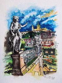 Vrtbovská zahrada, Praha, akvarel, Josef Pepíno Balek